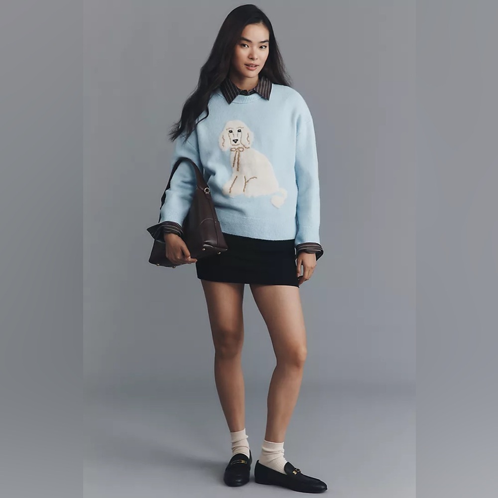 New Anthropologie x Maeve Crew Neck Poodle Dog Icon Pullover Sweater sz XS - Picture 2 of 8